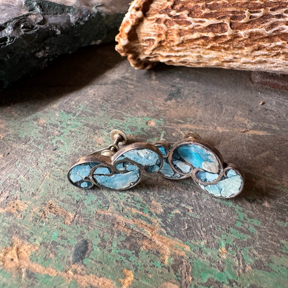 Turquoise Sterling Silver Southwestern Inlay Earrings Vintage Navajo Style - Picture 2 of 6